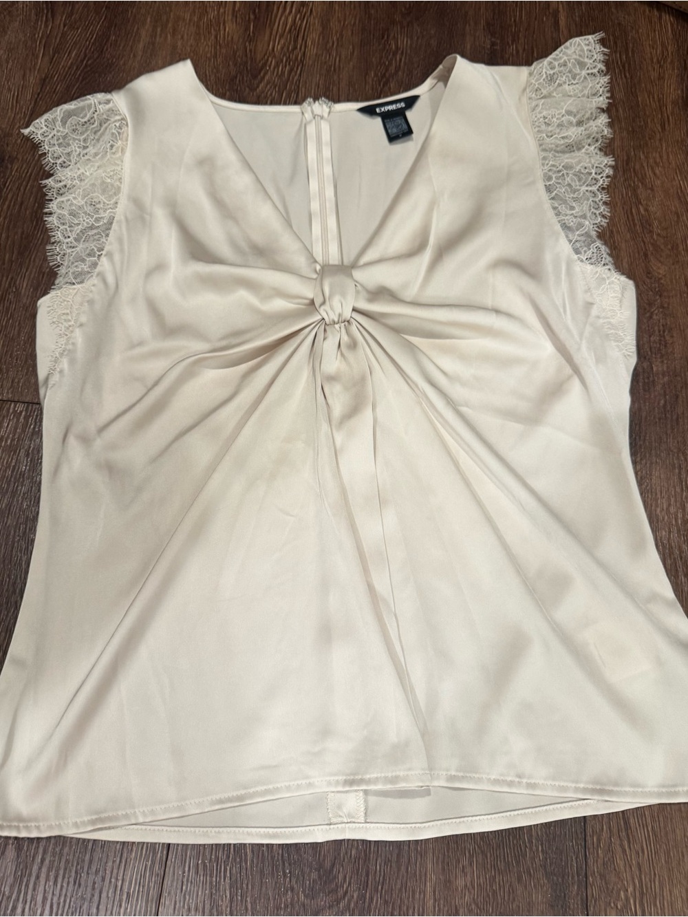 Express Cream Twist-Front Lace Cap Sleeve Blouse